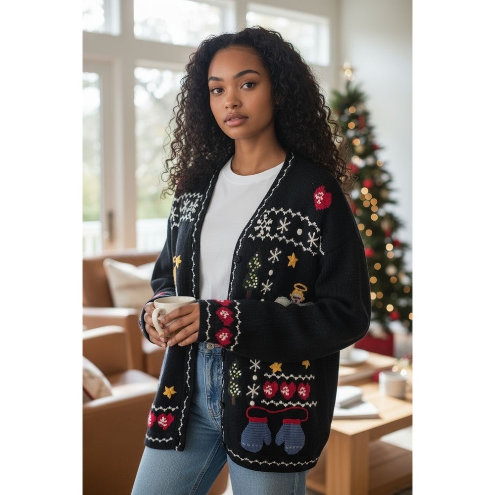 VTG Nutcracker Angel Ugly Christmas Sweater Cardigan Wool Blnd‎ Granny Core SZ M